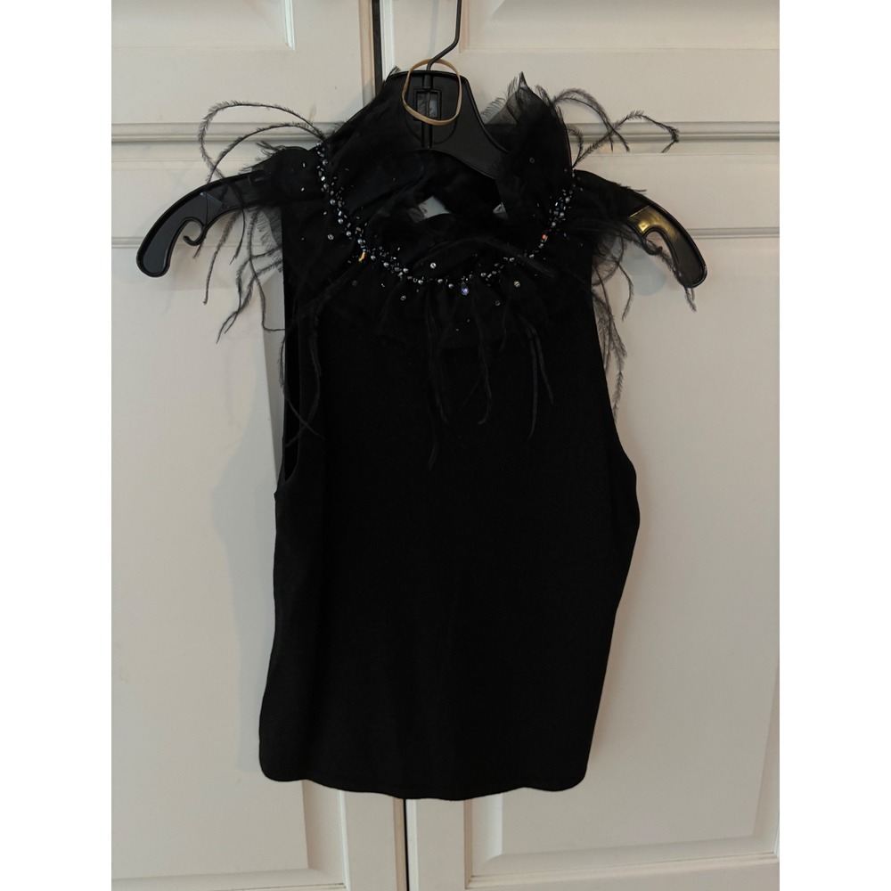 Kay Unger Black Feather & Bead Embellished Tank Top